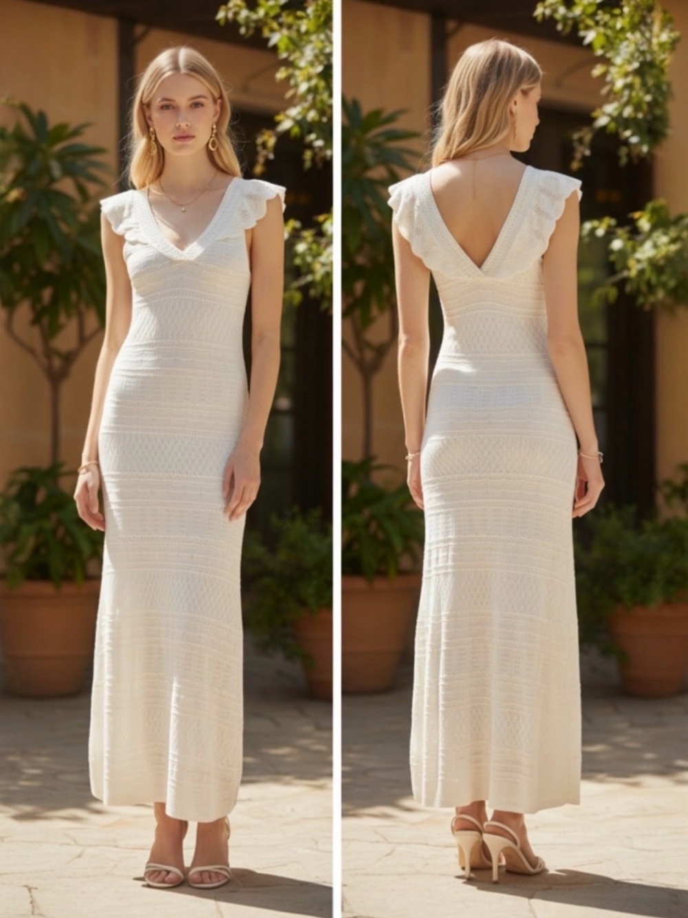 Chelsea28 Women's White Pointelle Flutter Maxi Sweater Dress  NWT Medium